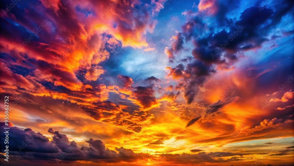 Fototapeta premium Dramatic sunset with bright, saturated colors and dramatic clouds , sunset, sunrise, colorful, vibrant, dramatic, bright, saturated