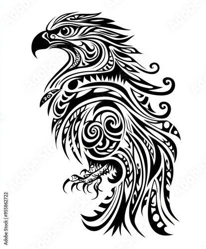 A stylized black and white tribal eagle design featuring intricate patterns and curves.