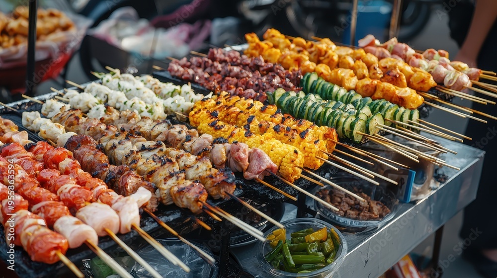 Grilled Skewers of Meat Vegetables and Seafood on a Street Food Cart Grilled Skewers of Meat Vegetables and Seafood on a Street Food Cart