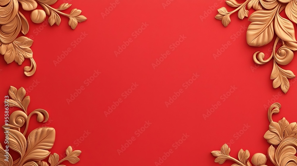 Grand 3D background with embossed gold rococo patterns on a crimson red velvet surface Grand 3D background with embossed gold rococo patterns on a crimson red velvet surface