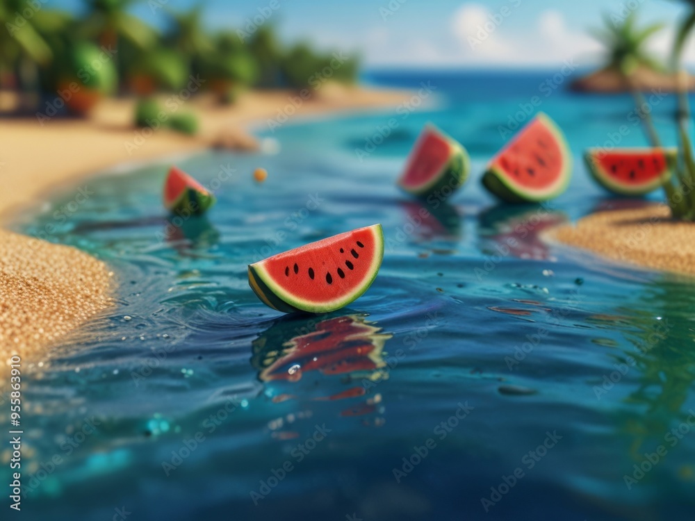 Miniature Figures Enjoying a Watermelon Ride on a Summer Sea Miniature Figures Enjoying a Watermelon Ride on a Summer Sea