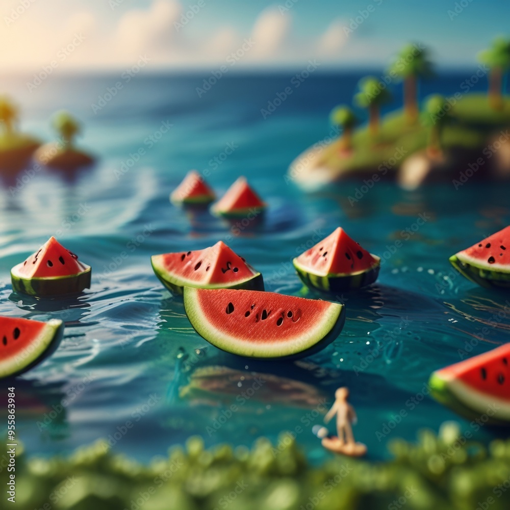 Miniature Figures Enjoying a Watermelon Ride on a Summer Sea Miniature Figures Enjoying a Watermelon Ride on a Summer Sea
