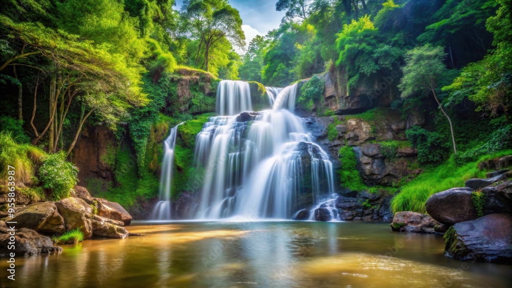 Obraz premium Beautiful Sarika Waterfall with rock layers and trees in Khao Yai National Park, Thailand , waterfall