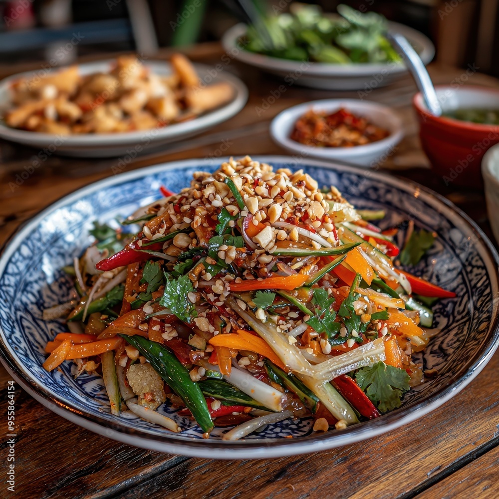 Delicious Asian Salad with Peanuts  Vegetables and Cilantro on Rustic Wooden Table