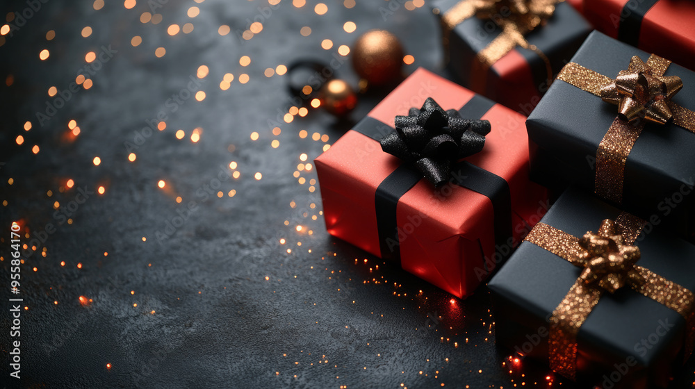 Black and red gift boxes with black ribbon on a dark background, with space for text. Black Christmas present gifts with golden glitter and bokeh lights. Birthday or holiday present concept. Black and red gift boxes with black ribbon on a dark background, with space for text. Black Christmas present gifts with golden glitter and bokeh lights. Birthday or holiday present concept.