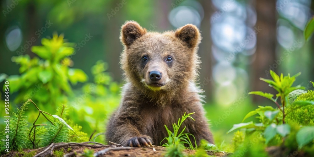 Obraz premium Adorable brown bear cub playing in the forest , wildlife, young, cute, furry, mammal, cub, playful, outdoor, nature, wilderness, baby
