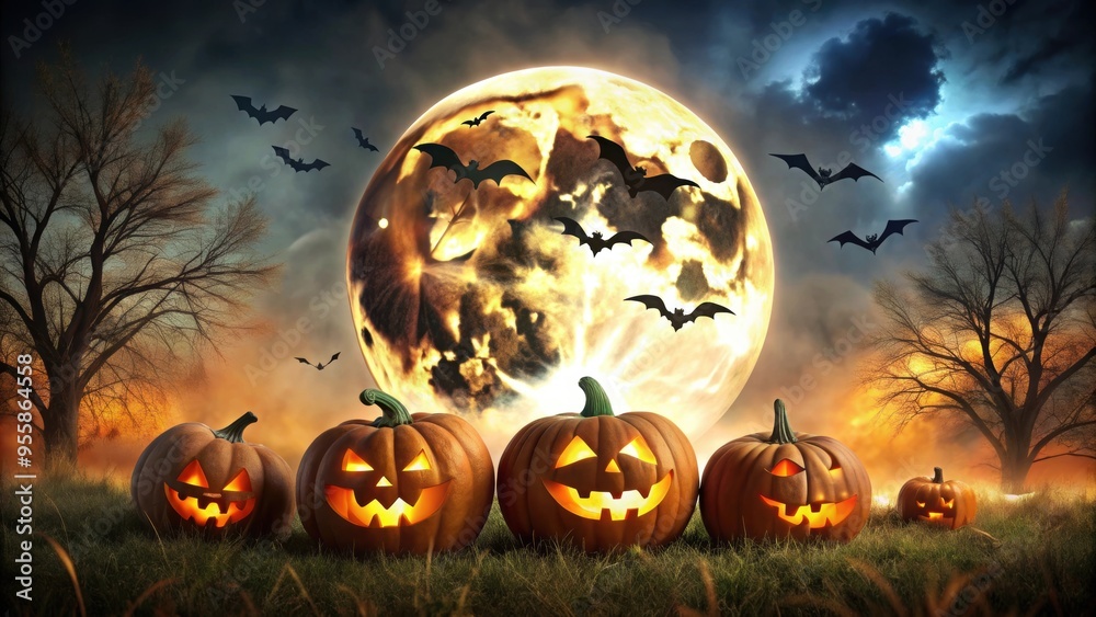 Spooky Halloween background with pumpkins, bats, and full moon , Halloween, background, spooky, pumpkins, bats Spooky Halloween background with pumpkins, bats, and full moon , Halloween, background, spooky, pumpkins, bats