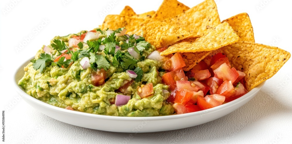 Bowl of Guacamole with Tomato Salsa and Tortilla Chips Bowl of Guacamole with Tomato Salsa and Tortilla Chips