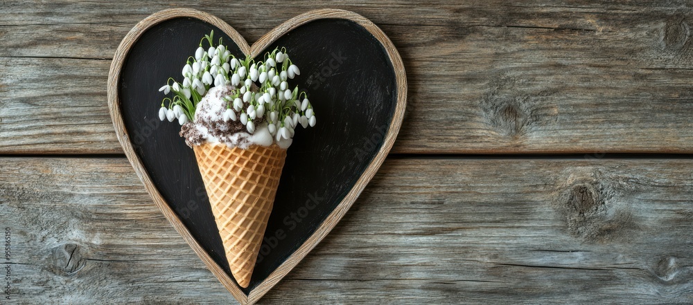 A heart-shaped chalkboard with snowdrops in an ice cream cone, set against rustic wooden background A heart-shaped chalkboard with snowdrops in an ice cream cone, set against rustic wooden background