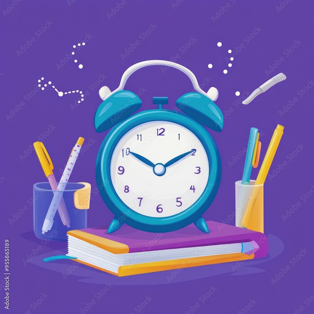 Illustration of Blue Alarm Clock, Pens, and Notebook on Purple Background Illustration of Blue Alarm Clock, Pens, and Notebook on Purple Background
