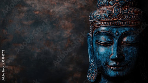 Close Up of Blue Buddha Statue with Closed Eyes on Dark Background