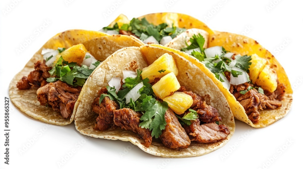 Four Mexican Tacos with Meat, Pineapple, Cilantro, and Onion Four Mexican Tacos with Meat, Pineapple, Cilantro, and Onion