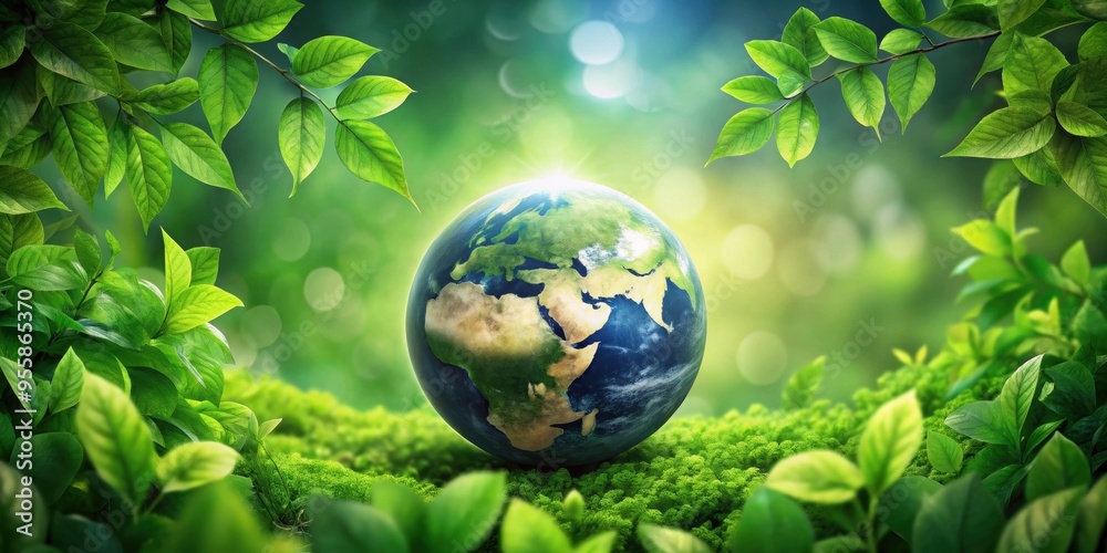 Minimal of Earth surrounded by green leaves for Earth Day celebration, sustainability, nature, Earth Day, minimalist Minimal of Earth surrounded by green leaves for Earth Day celebration, sustainability, nature, Earth Day, minimalist