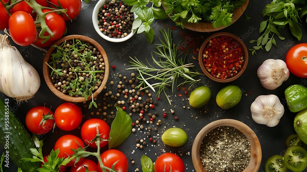 Top view of herbs and spices isolated on a background perfect for cooking ingredients showcasing healthy vegetables high in fibers and vitamins Top view of herbs and spices isolated on a background perfect for cooking ingredients showcasing healthy vegetables high in fibers and vitamins