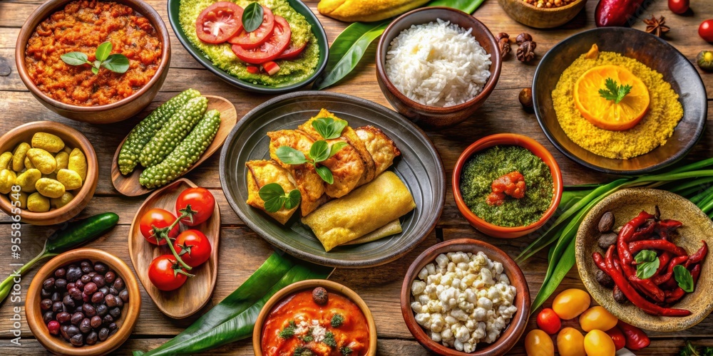Traditional Venezuelan cuisine with a colorful array of dishes and ingredients , Venezuela, food, cuisine Traditional Venezuelan cuisine with a colorful array of dishes and ingredients , Venezuela, food, cuisine