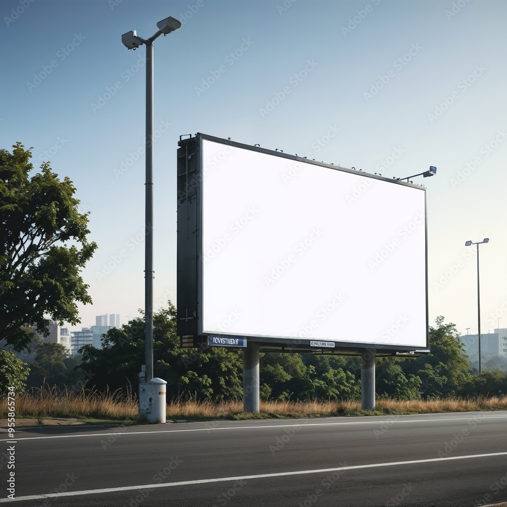 large billboard located beside the road This billboard is a simple panel. big white Surrounded by light poles. And there are trees and tall buildings in the background. large billboard located beside the road This billboard is a simple panel. big white Surrounded by light poles. And there are trees and tall buildings in the background.