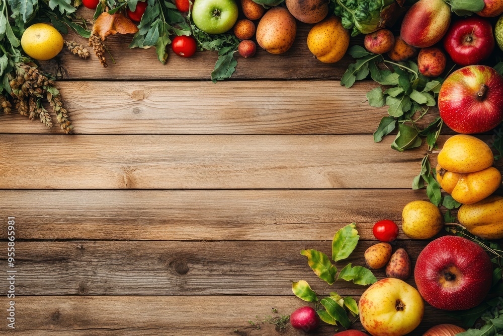 Fresh vegetables and fruits on a wooden background. Thanksgiving Day. Healthy food, harvesting, farming. Copy space with generative ai Fresh vegetables and fruits on a wooden background. Thanksgiving Day. Healthy food, harvesting, farming. Copy space with generative ai