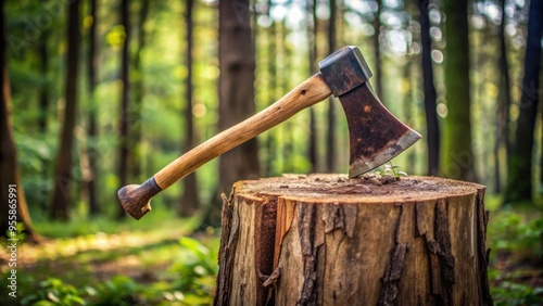 Ax embedded in a thick tree stump , forestry, lumberjack, cutting, woodwork, tool, outdoors, nature, logging