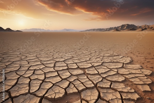 Arid landscape with cracked, parched earth and a vast, sunrise desert stretching to the horizon