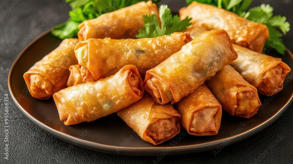A plate of cha gio fried spring rolls highlighted by focused lighting, cha gio, studio lighting, fried A plate of cha gio fried spring rolls highlighted by focused lighting, cha gio, studio lighting, fried
