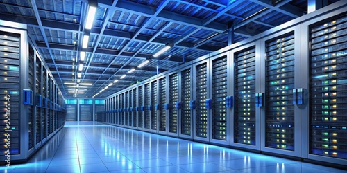 Plakat Cloud computing server infrastructure with rows of server racks in a data center , technology, cloud computing