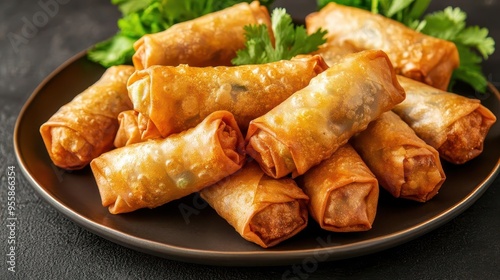 A plate of cha gio fried spring rolls highlighted by focused lighting, cha gio, studio lighting, fried