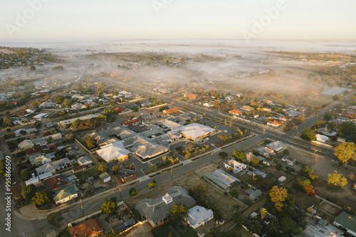 Aerial at sunrise over town of Merredin in the Wheatbelt of Western Australia photo