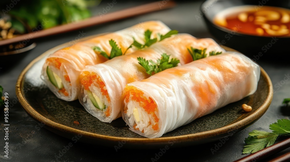 Fresh banh cuon rice rolls on a plate, illuminated with gentle light, banh cuon, studio lighting, rice rolls Fresh banh cuon rice rolls on a plate, illuminated with gentle light, banh cuon, studio lighting, rice rolls