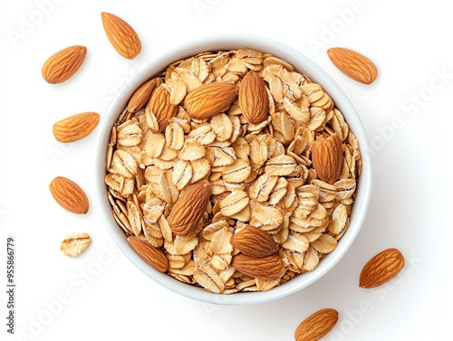 a bowl of oats with almond milk, plantbased breakfast, smooth and creamy, isolated on white background photo