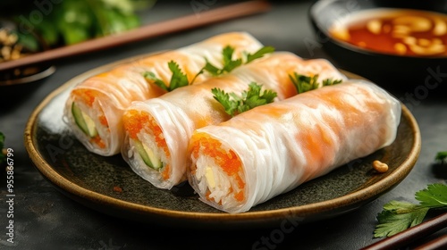 Fresh banh cuon rice rolls on a plate, illuminated with gentle light, banh cuon, studio lighting, rice rolls photo