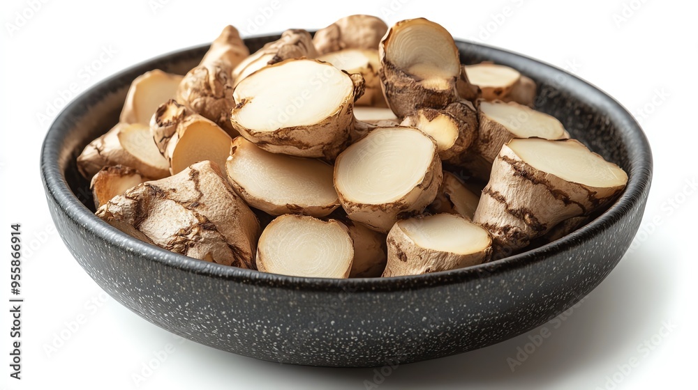 a bowl of sliced galangal, aromatic and earthy, soft light, isolated on white background a bowl of sliced galangal, aromatic and earthy, soft light, isolated on white background