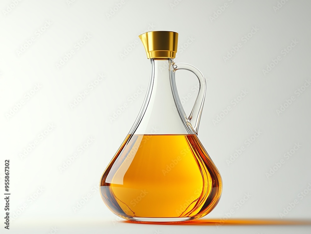 a clear bottle of olive oil with a golden spout, modern and sleek design, vibrant yellow, isolated on white background