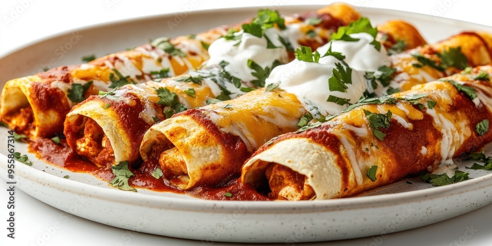 Closeup of Enchiladas Topped with Sour Cream, Cheese, and Cilantro Closeup of Enchiladas Topped with Sour Cream, Cheese, and Cilantro