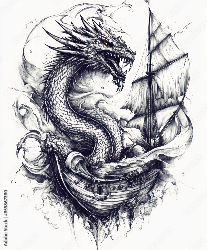 A mythical sea dragon entwined around a ship, showcasing a blend of fantasy and adventure.