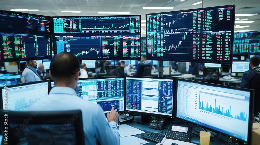 A busy trading floor with screens displaying real-time market trends and analytics