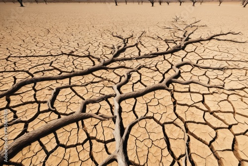 Dry cracked earth in a desert landscape and dry tree showcasing the texture of arid soil under the intense summer heat photo