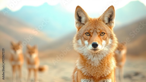 Endangered Ethiopian wolf in Afroalpine habitat  in a closeup, emotional shot with the wolf in its rugged, highaltitude environment photo