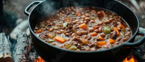 Um ensopado rico e saboroso com vegetais e feijões fervendo em uma panela preta, cozinhando no vapor em fogo aberto. Isso captura a essência da cozinha rústica ao ar livre. photo