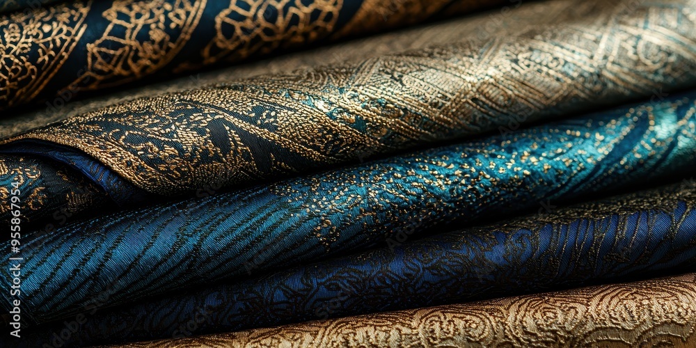 Close Up of Blue and Gold Fabric with Metallic Sheen Texture Close Up of Blue and Gold Fabric with Metallic Sheen Texture