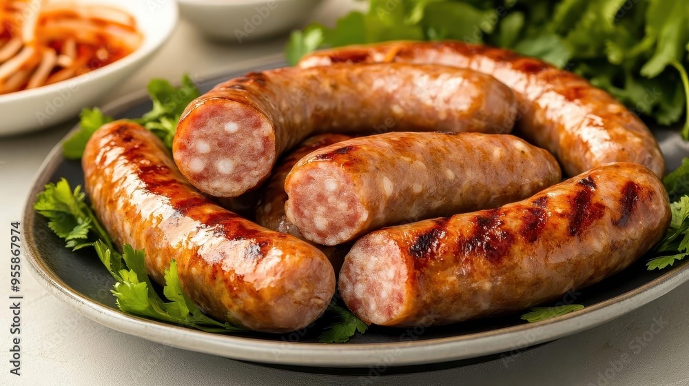 A plate of nem nuong grilled pork sausage under soft, focused light, nem nuong, studio lighting, sausage A plate of nem nuong grilled pork sausage under soft, focused light, nem nuong, studio lighting, sausage