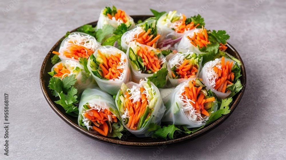 A plate of Vietnamese rice paper salad, shot with bright, natural light, rice paper salad, studio lighting, vibrant A plate of Vietnamese rice paper salad, shot with bright, natural light, rice paper salad, studio lighting, vibrant