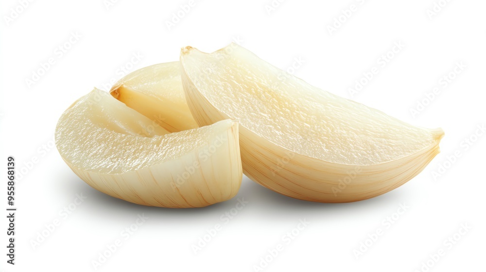 a garlic clove sliced thinly, ready for cooking, clean and fresh, isolated on white background a garlic clove sliced thinly, ready for cooking, clean and fresh, isolated on white background