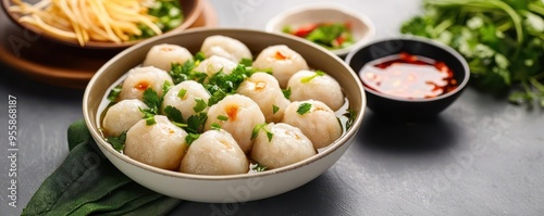 A serving of banh bot loc tapioca dumplings, highlighted by diffused light, banh bot loc, studio lighting, tapioca photo