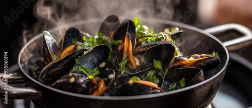 Um prato de frutos do mar de dar água na boca com mexilhões cozinhando no vapor em uma panela é guarnecido com ervas verdes frescas, prometendo uma explosão de sabores e apelo estético photo