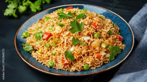 A vibrant plate of com tam broken rice, shot with natural lighting, com tam, studio lighting, vibrant