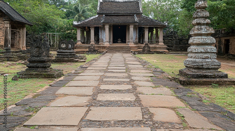 Stone Pathway Leading to Ancient Temple in Southeast Asia Stone Pathway Leading to Ancient Temple in Southeast Asia