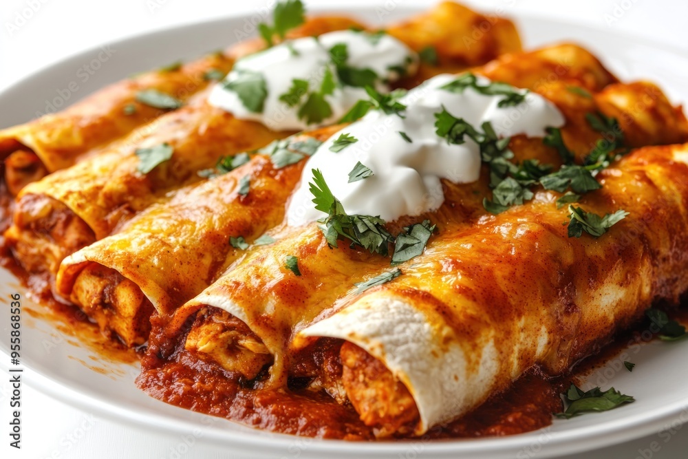 Close-up of Chicken Enchiladas with Cilantro and Sour Cream Close-up of Chicken Enchiladas with Cilantro and Sour Cream