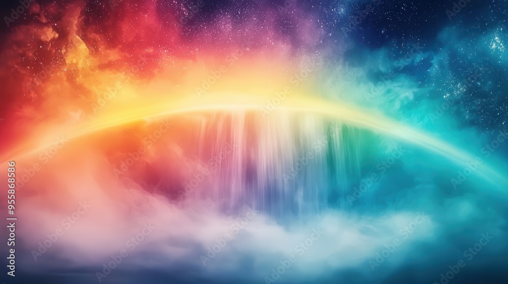 Rare moonbow over waterfall at night  captured in a dramatic, highcontrast shot with the glowing moonbow and misty waterfall