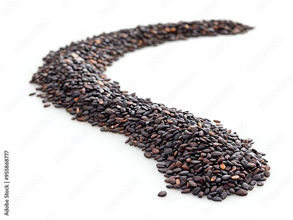 a line of black sesame seeds forming a spiral, artistic presentation, rich and dark, isolated on white background a line of black sesame seeds forming a spiral, artistic presentation, rich and dark, isolated on white background