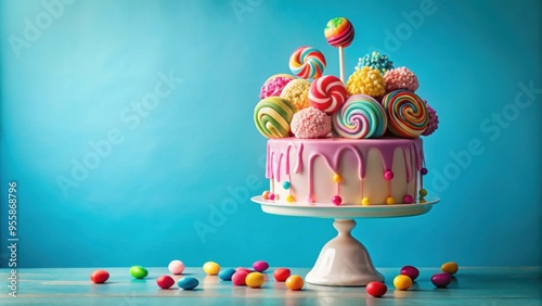 Colorful birthday cake adorned with sweets, lollipops, and balls on a stand, birthday, cake, colorful, beautiful, sweets